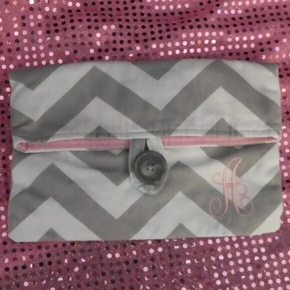 BAGS BY LORA | Grey Chevron Clutch Bag | Button Closure | Pink Lining - Picture 1 of 14